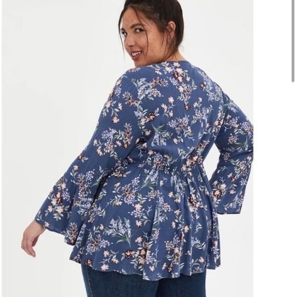 Torrid Blue Floral Gauze Lace Up Babydoll Long Sleeve Blouse - Picture 3 of 3